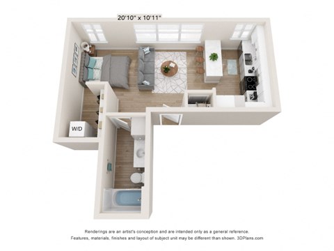 Floor plan for studio, 1 bath, 555 sqft